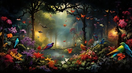 An immersive forest scene showcasing a chorus of vibrant wildlife, with towering trees, dappled sunlight filtering through the canopy, and a symphony of chirping birds and rustling leaves.





 - obrazy, fototapety, plakaty