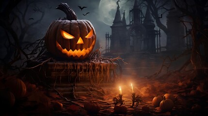 A sinister Halloween pumpkin leering with a twisted grin, its flickering candlelight creating an atmosphere of unease and mystery.





 - obrazy, fototapety, plakaty