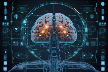  A futuristic visual metaphor of AI and machine learning in healthcare, depicting a digital brain seamlessly integrated with medical diagnostic tools, illustrating the concept of AI's role in the heal