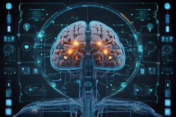 Fotobehang  A futuristic visual metaphor of AI and machine learning in healthcare, depicting a digital brain seamlessly integrated with medical diagnostic tools, illustrating the concept of AI's role in the heal © Mahmud