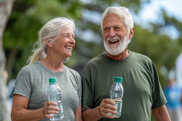 Senior couple staying hydrated and enjoying active retirement outdoors, concept of wellness and aging together - obrazy, fototapety, plakaty