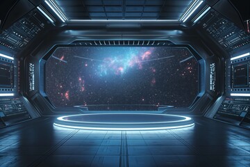 Obraz premium Futuristic spaceship interior with view into deep space, concept of exploration, science fiction, and space travel