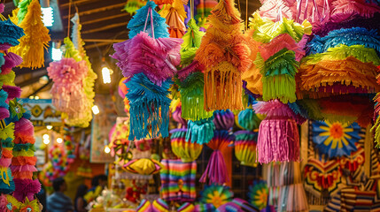 Vibrant, Colorful Piñatas Displayed at Authentic Mexican Market in Lively Mexico City, Traditional Handmade Papier-Mache Art Crafts symbolize Fiesta Celebration, Perfect for Birthday Parties
