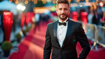 elegant man in a suit on a red carpet surrounded by photographers and lights in high resolution - obrazy, fototapety, plakaty