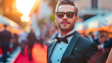 elegant man in a suit on a red carpet surrounded by photographers and lights in high resolution and high quality. red carpet concept, catwalk, elegant, man - obrazy, fototapety, plakaty