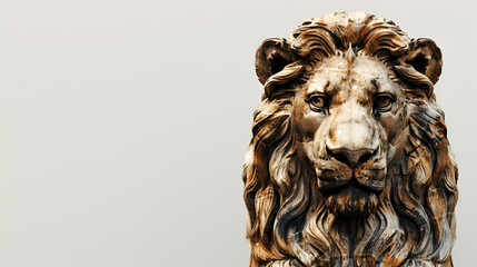 Statue of lion head on a white background, copy space 