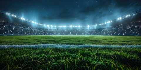 Bright illumination of a large soccer stadium with green grass at night