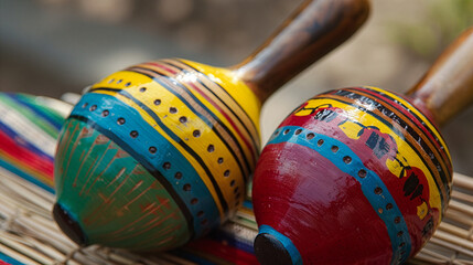 Vibrant Pair of Maracas in Warm, Exotic Setting: Traditional Latin American Percussion Instrument,...
