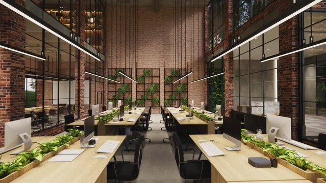 nterior Empty Modern Loft Office open space modern office footage.Modern open concept Lobby and reception area meeting room design.4k .3d Rendering 