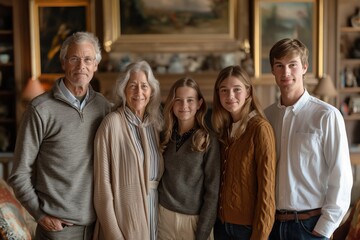 Fototapeta premium Family portrait with grandparents and grandchildren in classic home setting, concept of generational bond, heritage, and familial warmth