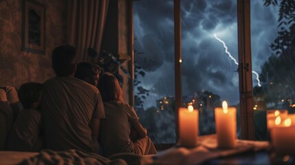 Obraz na płótnie Canvas A family gathers in their living room the windows shaking as thunder booms in the distance. Candles provide the only light as they huddle together waiting for the storm to