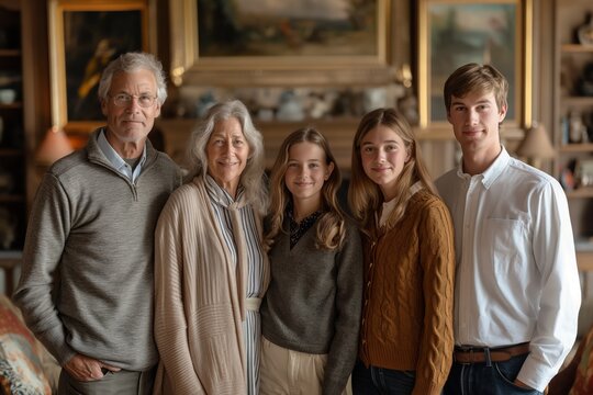 Family portrait with grandparents and grandchildren in classic home setting, concept of generational bond, heritage, and familial warmth
