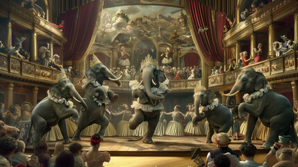 Elephants dressed as ballerinas performing a dance on stage in a grand, ornate opera house filled with an audience of various animals in period attire.