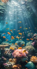 Underwater scene with bright fish and coral under sunbeams, concept of marine life diversity and natural underwater ecosystems