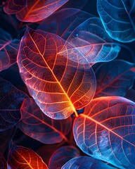 Colorful leaves background, neon blue and orange tree leaves