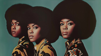 Three beautiful black women with big afros in a 70s retrofuturistic portrait, characterized by earth tones and a teal background.