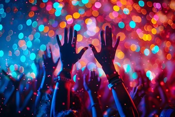 carnival party crowd hands up in the air at night club or concert on colorful light background, party and event festival concept - obrazy, fototapety, plakaty