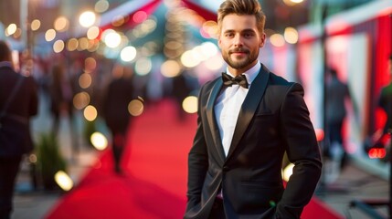 handsome man in elegant suit on a red carpet - obrazy, fototapety, plakaty