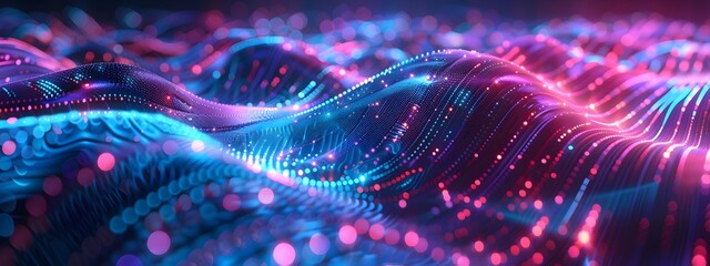 3d render of abstract glowing wave with dots and lines, digital technology background, digital, internet, communication, cyber security system, business, network connection and technology concept