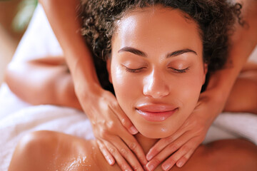 Naklejka premium Afro woman enjoying massage at spa salon hotel, therapist treatment