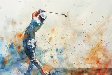 Gordijnen A dynamic watercolor painting of a golfer in action with a golf club. International Day of Sport for Development and Peace. © Olesia Khazova
