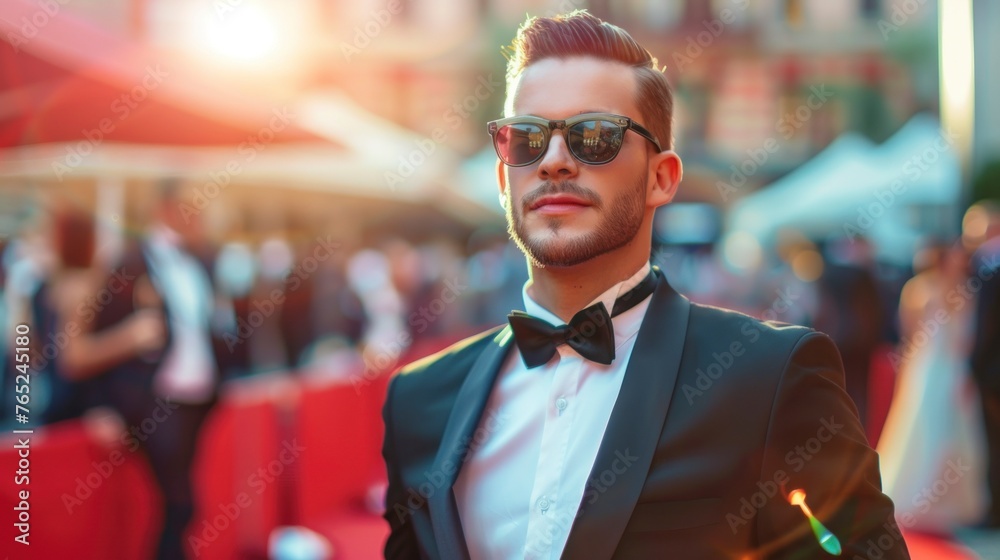 Fototapete handsome man in a suit and glasses on a red carpet surrounded by photographers and lights in high re
