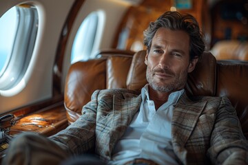 Successful tycoon flies in comfort: recliner in business jet luxury. - obrazy, fototapety, plakaty