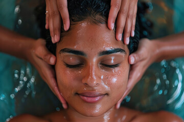 Indian woman enjoying massage at spa salon hotel, therapist treatment - obrazy, fototapety, plakaty
