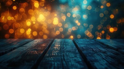 empty brown wooden floor or wood board table with blurred abstract night light bokeh in city background, copy space for display of product or object presentation, party concept