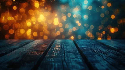 Fotobehang empty brown wooden floor or wood board table with blurred abstract night light bokeh in city background, copy space for display of product or object presentation, party concept © Pravit