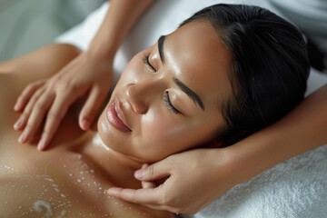 Malay woman enjoying massage at spa salon hotel, therapist treatment
