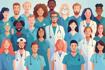 illustration of diverse group of doctor and medical professional posing together in watercolor style suitable for healthcare and medical, surgery, medical technology, disease treatment concept
