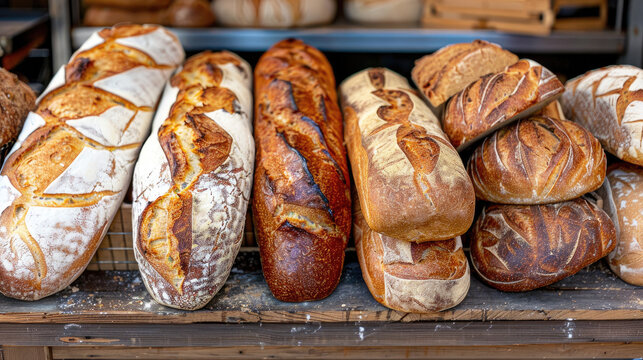 Assortment of bread showcased in a bustling cafe or artisan bakery, different types