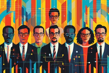 A stylish and colorful illustration of a group of three people wearing eyeglasses and different colored stripes created in a hyper detailed style suitable for digital marketing and branding purposes