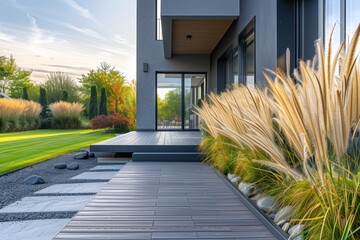 Contemporary house exterior with wooden deck and feathery pampas grass, reflecting modern landscaping and the tranquility of suburban life