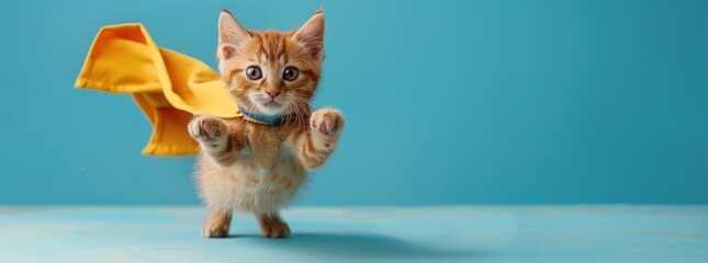 baby cute cat wearing cloak jumping and flying with copy space on pastel blue color background