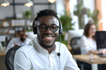 Smiling young african businessman call center agent laugh at workplace