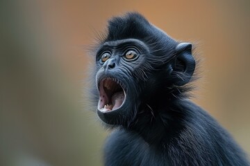 A black monkey with its mouth open and a green background. Generative AI.