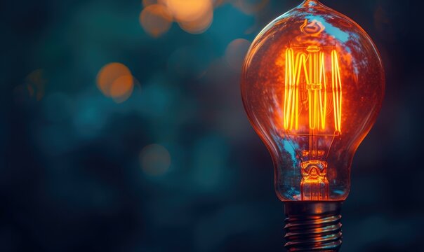 A close up of a light bulb with an orange glow. Generative AI.