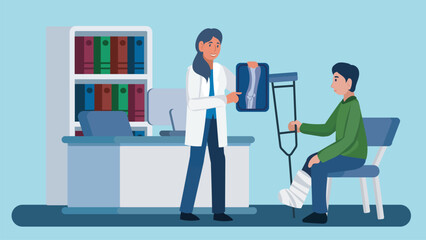 Female Doctor engaging with a patient who has an injured leg. Doctor holding up an X-ray film, showcasing the patient’s leg injury. 