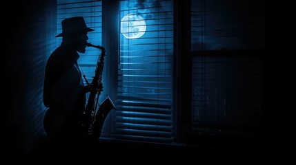 A man playing saxophone in front of a window with moonlight. Generative AI.