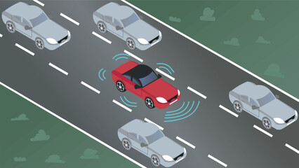 Vector illustration of a self-driving car with smart sensors on a highway. Autonomous Vehicle with advanced sensors, navigating confidently among conventional cars.