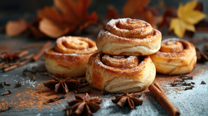 Obraz na płótnie Canvas Side view of cinnamon buns with with icing sugar, dark background, close up