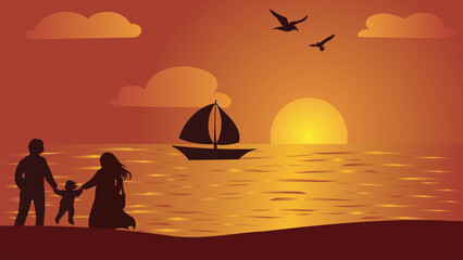 Silhouette of a family enjoying a peaceful moment on a beach at sunset. Togetherness and tranquility. Summertime, travel, vacation concepts.