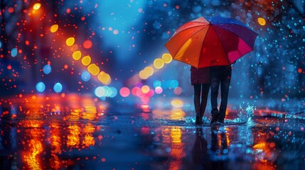 A couple under an orange umbrella, enjoying the electric blue rain in nature