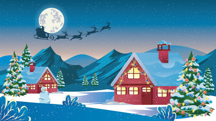 Vector illustration of winter landscape with decorated houses and trees. Santa Claus flying with sleigh and reindeer on a starry night in the background. Christmas, poster, greeting card.