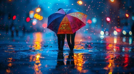 Couple holding purple umbrella in the rain at midnight
