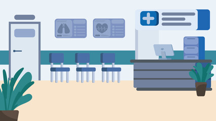 Cartoon style vector illustration of an empty hospital waiting room with blue chairs, a reception desk with a computer, and a potted plant. No people. Hospital, health concepts.