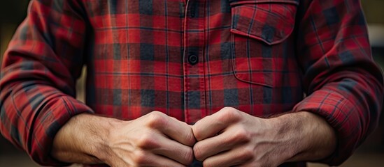 A man in a plaid shirt is clasping his hands together in a gesture of contemplation. His tartan sleeves and waist add a touch of Scottish style - obrazy, fototapety, plakaty