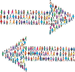 Large group of people standing together in a dense formation, creating a giant arrow pointing right and left, symbolizing collective movement and shared goals.